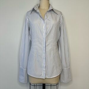 Farinaz Taghavi White and Blue Striped Button Down Shirt with Collar
